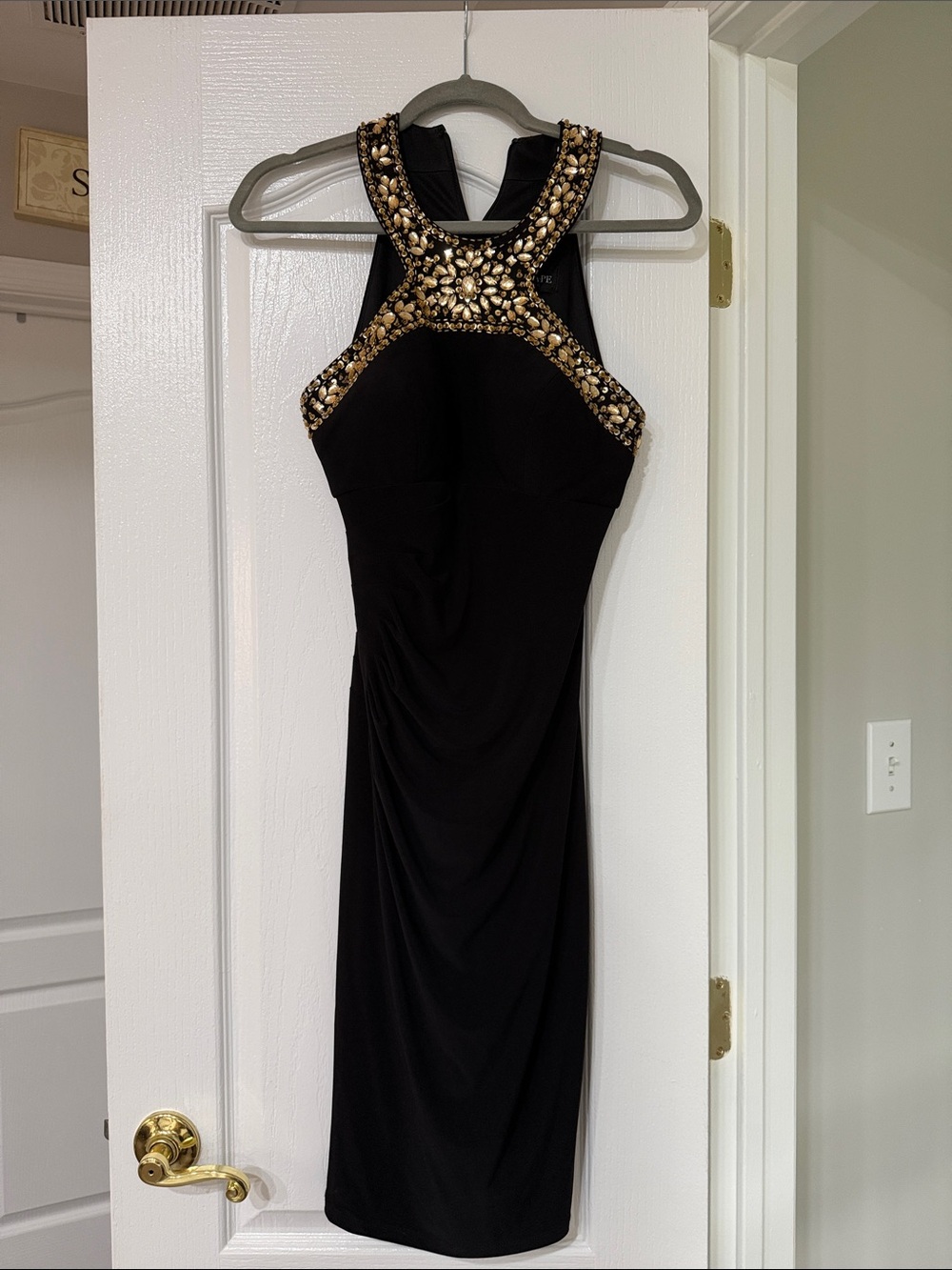 Xscape Black One-Shoulder Dress with Gold Embellished Halter